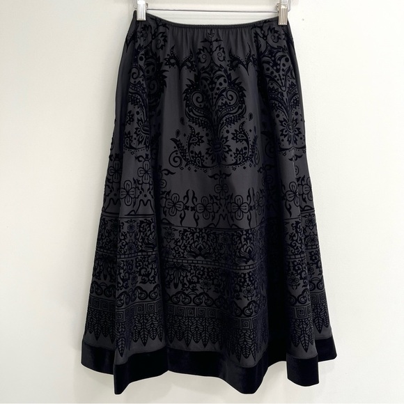 Y2K Vintage MSK Full Velvet Flocked Swing Skirt Black Floral Geometric Patterns - Picture 1 of 9